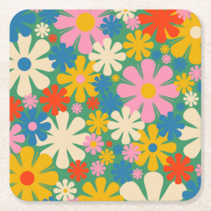 Retro-Blume 60er 70er Farbiges Blumenmuster Rechteckiger Pappuntersetzer