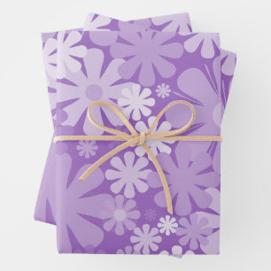 Retro Blume 60er 70er Muster Lila Geschenkpapier Set