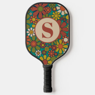 Retro-Blume 60er 70er Muster mit anfänglichem Pickleball Schläger