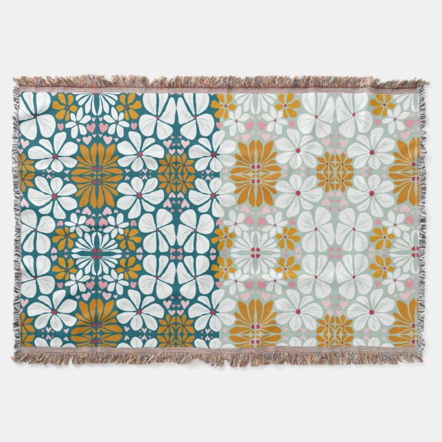 Retro-Blume 70er Groovy grünes Throw Blanket Decke (Vorderseite)