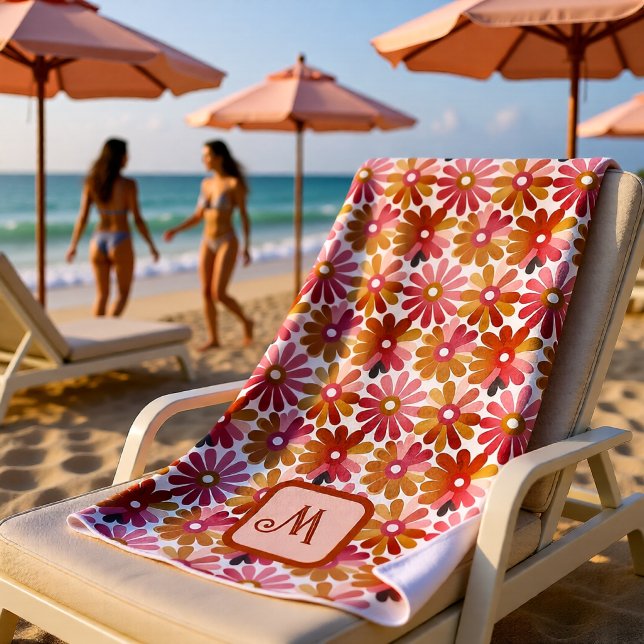 Retro-Blume ästhetisch - Mit Monogramm Strandtuch (Vintage Pink Orange Floral Monogram Retro Beach Towel)
