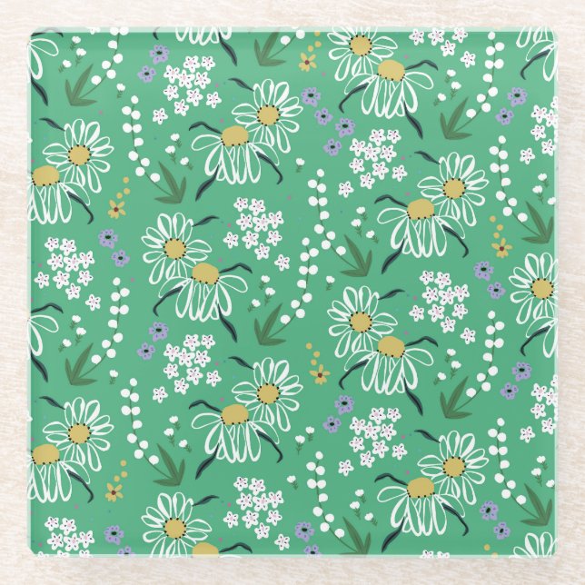 Retro-Blume, botanisches Nahtloses Muster. Glasuntersetzer (Vorderseite)