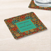 Retro Blume Brown Aquamarin Rote Blumenbäume 60er