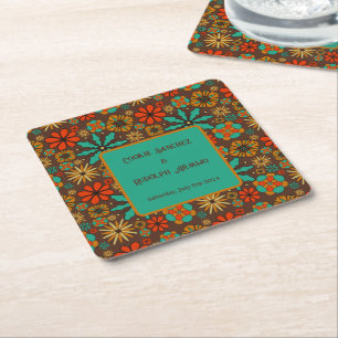 Retro Blume Brown Aquamarin Rote Blumenbäume 60er Rechteckiger Pappuntersetzer