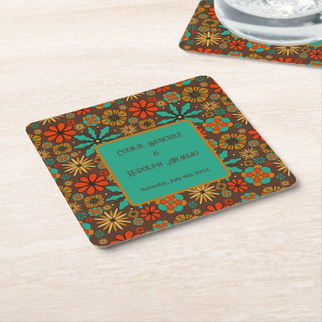 Retro Blume Brown Aquamarin Rote Blumenbäume 60er Rechteckiger Pappuntersetzer (angewinkelt)