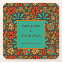 Retro Blume Brown Aquamarin Rote Blumenbäume 60er Rechteckiger Pappuntersetzer