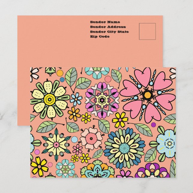 Retro-Blume der Frühjahrssaison - Nahtloses Muster Postkarte (Vorne/Hinten)