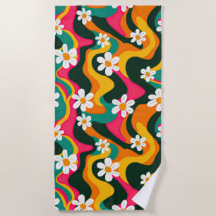 Retro-Blume Farbenfrohe 70er Hippie Muster Strandtuch