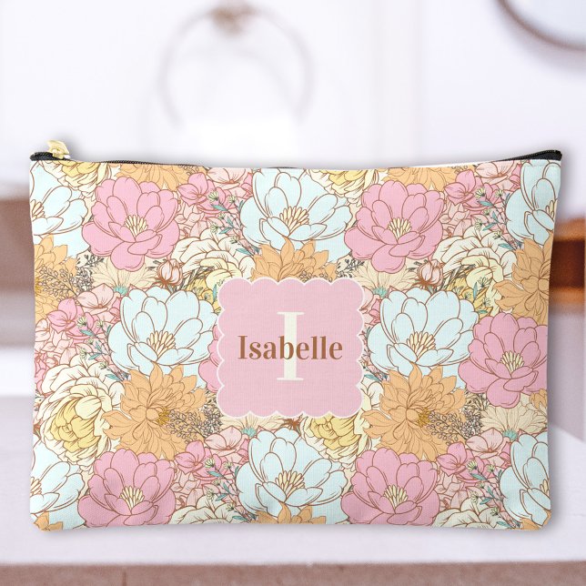 Retro-Blume Floral Zubehörtasche (Retro Flowers Floral Pastel Name Monogram Accessory Pouch)