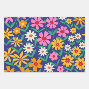 Retro Blume Garden Pattern auf Navy Blue Geschenkpapier Set