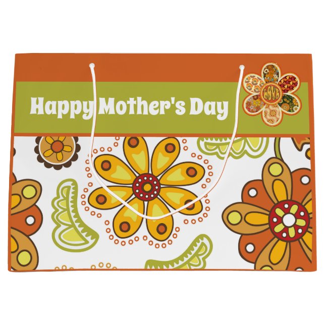 Retro Blume Green Orange Happy Mother Day Große Geschenktüte (Vorderseite)