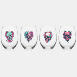 Retro-Blume Herz-Skulls Mix Weinglas Ohne Stiel