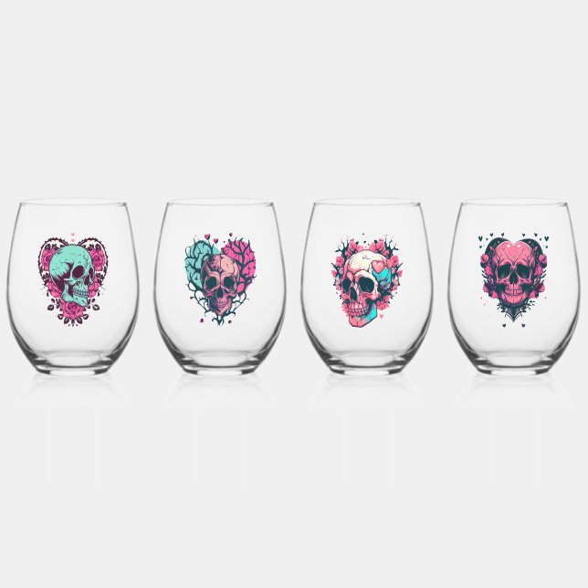 Retro-Blume Herz-Skulls Mix Weinglas Ohne Stiel (Vorderseite)