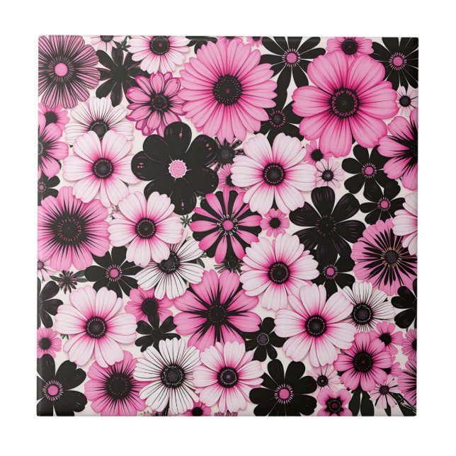 Retro-Blume in Rosa und Schwarz Fliese (Vorderseite)