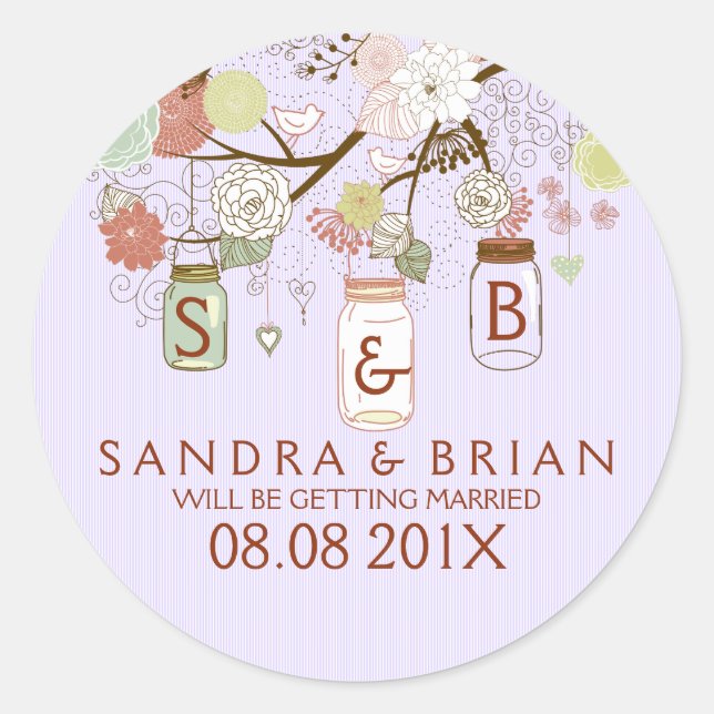 Retro-Blume & Lavendelstreifen hängen Mason Jar Runder Aufkleber (Vorderseite)