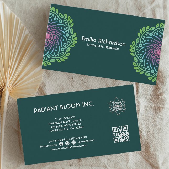 Retro Blume Mandala Aquamarin Visitenkarte (The custom boho-styled floral mandala business card design is suitable for your business.)