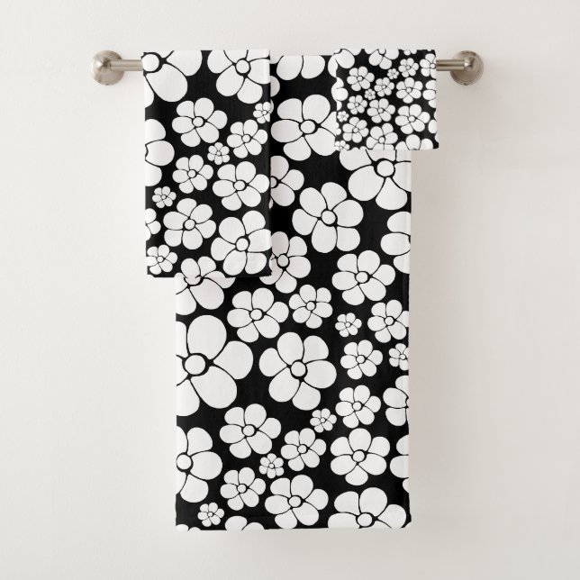 Retro Blume Muster in Weiß auf Schwarz Badhandtuch Set (Insitu)