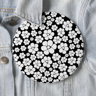 Retro Blume Muster in Weiß auf Schwarz Button