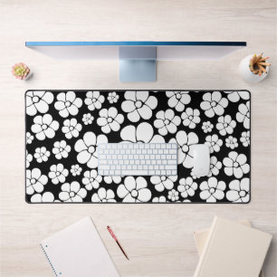 Retro Blume Muster in Weiß auf Schwarz Schreibtischunterlage