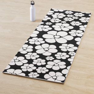 Retro Blume Muster in Weiß auf Schwarz Yogamatte