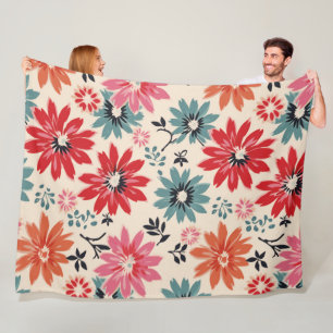 Retro Blume Muster Rot Orange Blau Fleecedecke