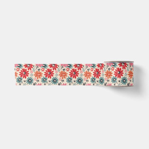 Retro Blume Muster Rot Orange Blau Satinband
