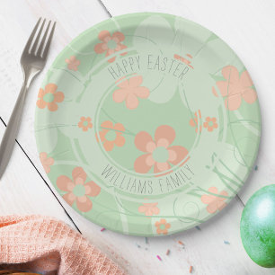 Retro Blume Niedlich Korallenrosa Grüner Frühling Pappteller