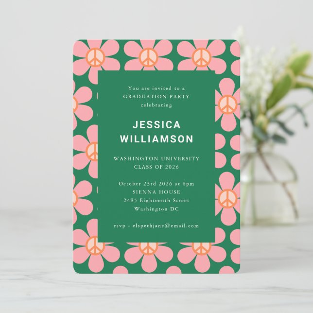 Retro Blume Peace Pink Green Graduation Party Einladung (Stehend Vorderseite)
