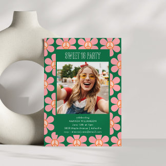 Retro Blume Peace Pink Green Sweet 16 Party Foto Einladung