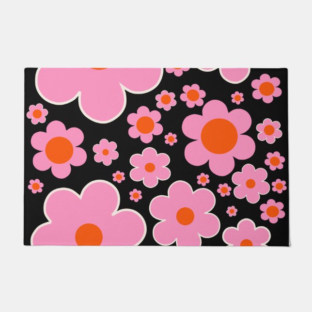 Retro-Blume Schwarz Rosa und Orange Fußmatte (Vorderseite)