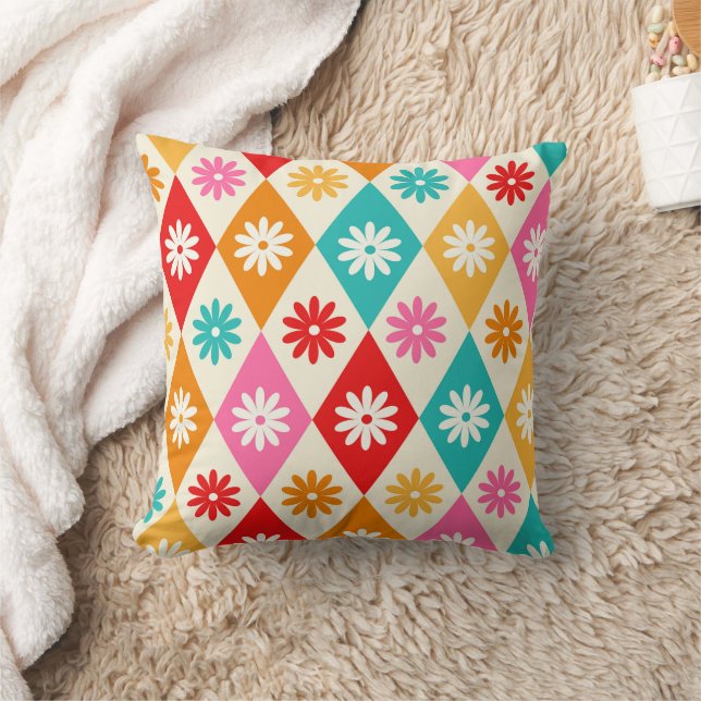 Retro-Blume über farbenfrohe Harlequin Diamonds Kissen (Decke)