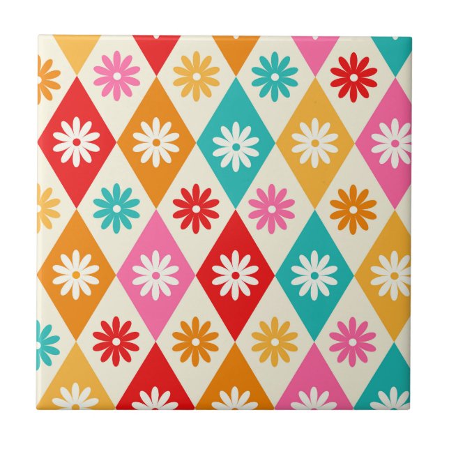 Retro-Blume über Harelquin Diamonds aus dem Mittel Fliese (Vorderseite)