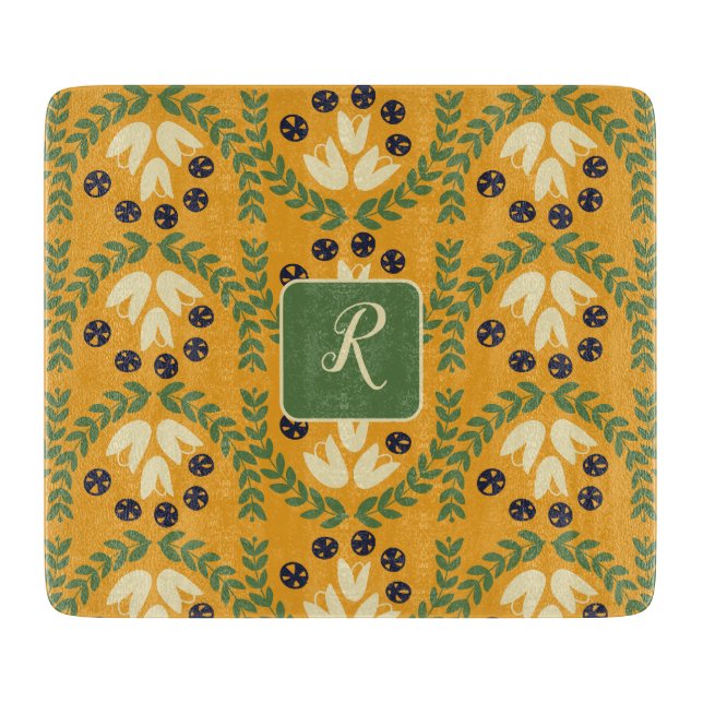 Retro-Blume und Leaf-Monogramm-Schneidplatte Schneidebrett (Vorderseite)
