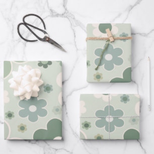 Retro-Blume zeigen Grünes Abstraktes Blumenmuster Geschenkpapier Set