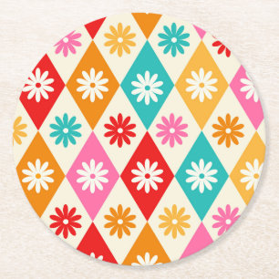 Retro-Blumen auf farbenfrohen Harlekin-Diamanten Runder Pappuntersetzer