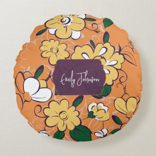 Retro-Blumen-Daisy-Orange-Herbst-Eigenname Rundes Kissen