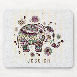 Retro-Blumen-Elefant in Pastellfarben auf Weiß Mousepad
