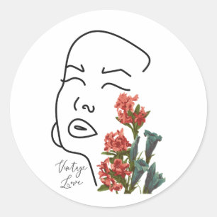 Retro-Blumen-Frauengesicht Eine-Linien-Zeichnung B Runder Aufkleber