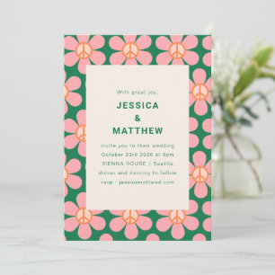 Retro-Blumen-Frieden-Rosa-Grün-Groovy-Hochzeit Einladung