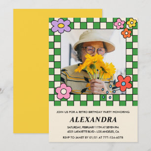 Retro-Blumen Groovy Foto 92. Geburtstag Einladung
