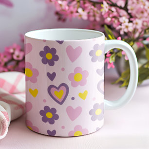 Retro-Blumen-Herzen-Muster Rosa, Lila, Gelb Tasse