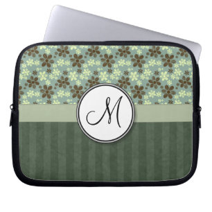 Retro-Blumen Meergrün mit Streifen und Monogramm Laptopschutzhülle