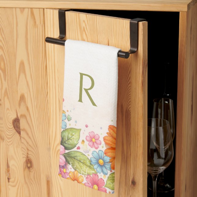 Retro-Blumen-Monogramm Geschirrtuch (Drittel gefaltet)