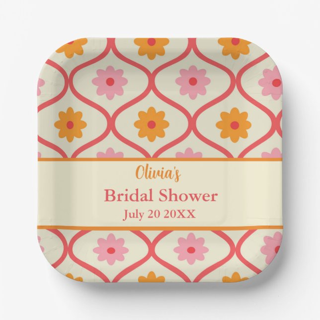 Retro-Blumen-Ogee-Hochzeitsdusche im Stil der Mitt Pappteller (Vorderseite)