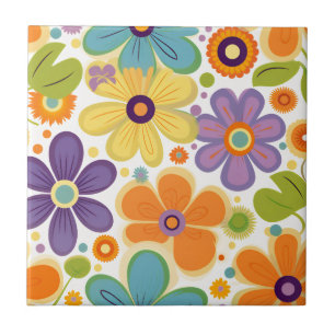 Retro-Blumen Orange Flieder und Grün Fliese
