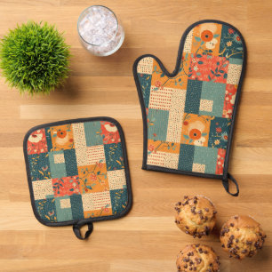 Retro-Blumen-Patchwork-Decke Ofenhandschuh & Topflappen-Set