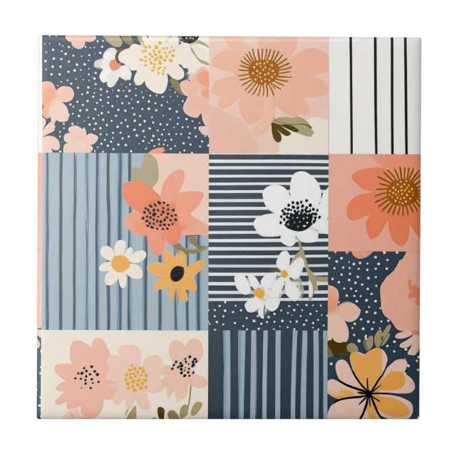 Retro-Blumen-Patchwork in Rosa und Blau Fliese (Vorderseite)
