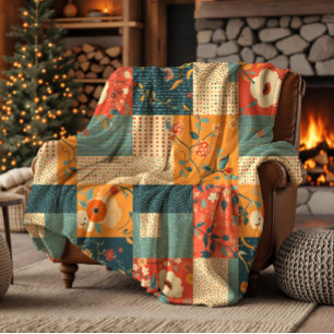 Retro-Blumen-Patchwork-Quilt Fleecedecke