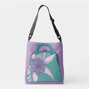 Retro-Blumen-Tasche Illustration Lila Türkis Tragetaschen Mit Langen Trägern
