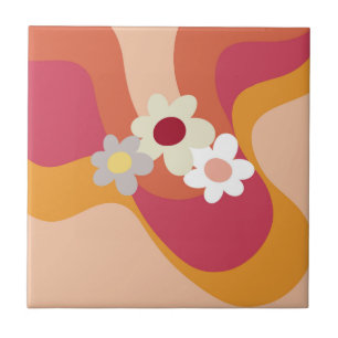 Retro-Blumen und Wellen Fliese